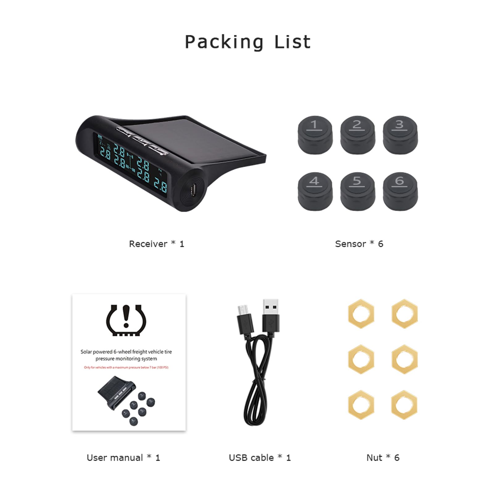 Shkalacar Presion Neumaticos Caravana, Sistema de Control de Presión de Neumáticos Tpms Carga de 6 Ruedas con Energía Solar para Camiones, Vehículos Recreativos, Autobuses