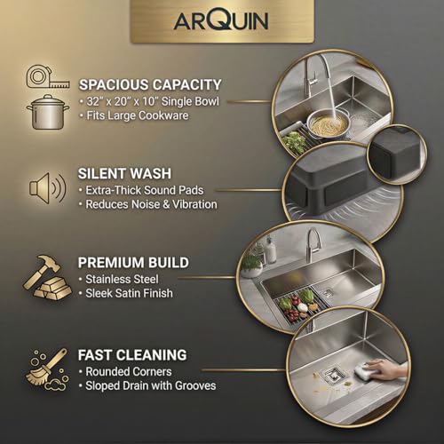Image of ARQUIN Kitchen Sink 32 inchx20 inchx10 Inch Handmade Single Bowl sink Heavy Duty Stainless Steel Sink for Kitchen Basin with Brushed Matte Finish Including Coupling, Hose Pipe, Fruit Tray