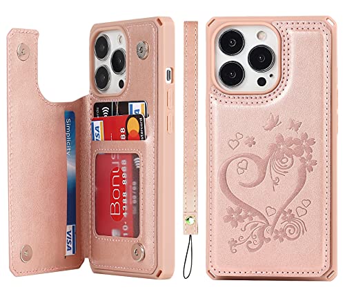 iCoverCase Compatible with iPhone 13 Pro Wallet Phone Case with Card Holder for Women RFID Blocking Embossed PU Leather Wrist Strap Case 6.1 Inch (Heart Rose Gold)