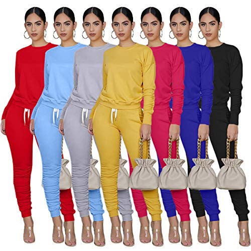 Women\'s Stacked Sweat Suits 2 Pc Set Two Pice Outfits Ruched Long Sleeve Sweatshirts + Skinny Pants Grey Large - Thumbnail 3