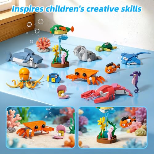 Image of Wise Block 556 PCS Ocean World Building Set,12 Packs Sea Animals Building Toy with Display Stand, STEM Educational Learning Toy, Birthday Gift for Boys Girls Ages 4+, Beach Toy with Shark & Turtle