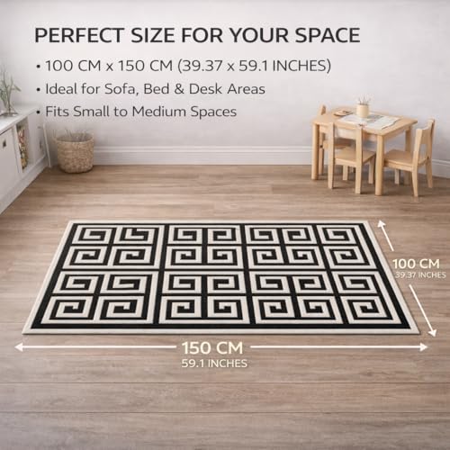 Image of Matz&More Greek Symmetric Key Rug | 100x150 CM | Black White | Soft Nylon Loop Pile with Anti-Slip Gel Backing | Living Room, Bedroom & Office Floor Carpet