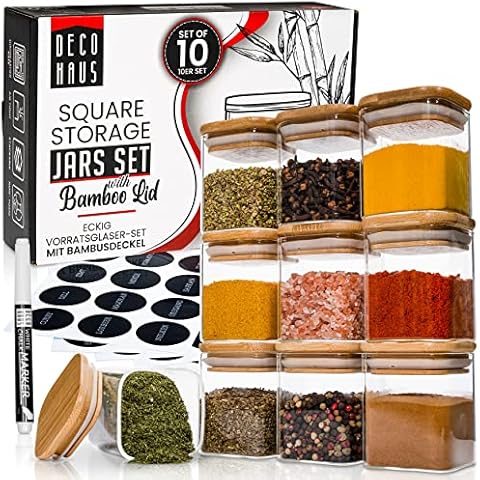 Juego de 10 tarros de especias con etiquetas y tapa de madera Cover