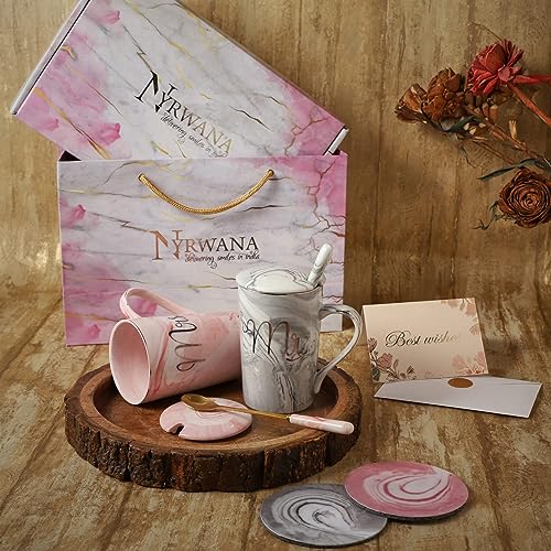 Image of NYRWANA Coffee Mug, Wedding Gift for Couples, Rakhi for Brother and Bhabhi with Gift, Mr & Mrs Set of 2 Coffee Mugs, Lids, Golden Spoon, Bag, Box, Pink Rakhi with Tilak and chawal (380ml-Ceramic)