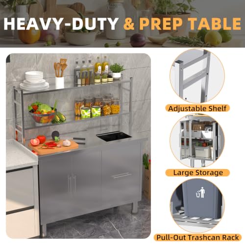 Image of Stainless Steel Prep Table with Trash Bin Cabinet, 48 inchx20 inch Commercial Kitchen Worktable with Adjustable Shelves, Storage Cabinet, Food Prep Station for Restaurant, Home and Garage