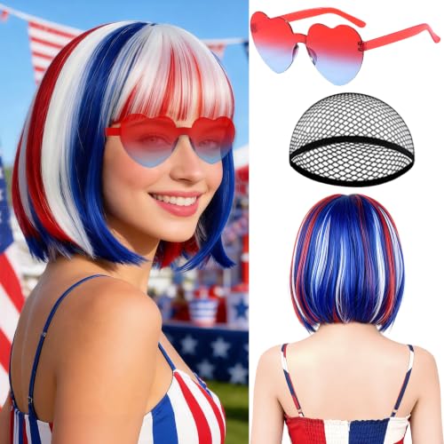 Image of PLULON Red White Blue Bob Wig with Heart Sunglasses for Women, Colored Short Bob Hair Fun Synthetic Hair with Wig Cap 4th of July Costume Hairpieces Independence Day Outfit for Cosplay Halloween Party
