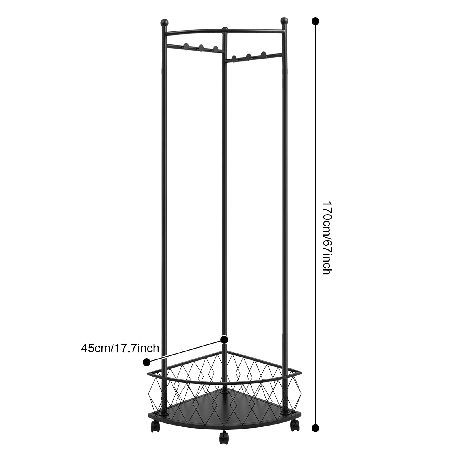 Perchero móvil con cesta de almacenamiento, perchero de esquina de metal con 4 ruedas, perchero de esquina independiente con 6 ganchos para ropa, sombreros, bolsos, pasillo, entrada (negro)