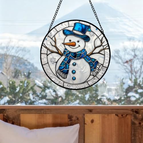 Image of DASTOLL Stained Glass Window Hanging Christmas Snowman Blue White Large 15 inch - Suncatcher Door Garden Sun Catcher Home Decor Birthday Mother's Day Xmas Gift for Mom Men Woman Her Nana Parents Girl