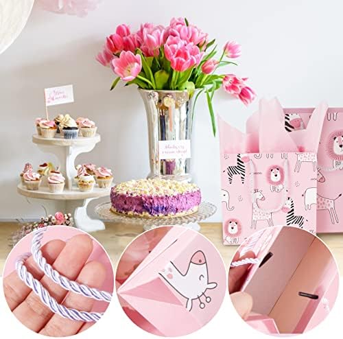 2pcs Gift Bags for Girl Baby Shower Birthday Gift Bags with 5 Sheets Pink Tissue Paper Animal Design Multi-Occasion Assorted Sizes 12"Wx4.7"Dx10.6"H 7.9"Wx3"Dx7.9"H (Zebra Forest)