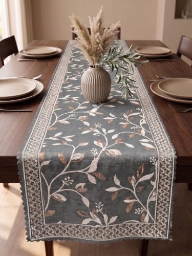 Image of Premium Embroidered Dining Table Runner 6 Seater | Washable Heat Resistant Fabric | Cotton-Silk Blend | Fits 4 & 8 Seater Dining Table | Centre Table Decor | 13 x 72 Inch | Blue-Grey