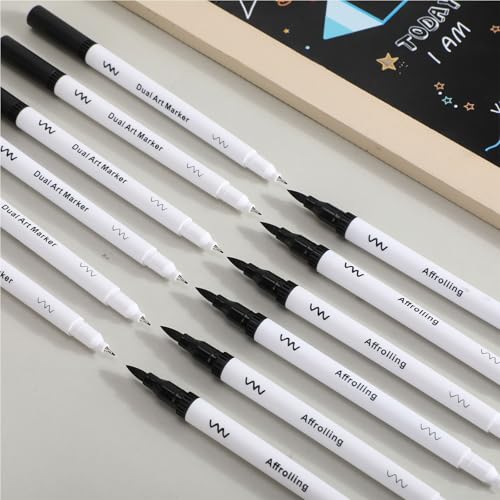 Affrolling 100 Pcs Black Drawing Pens Bulk Dual Brush Fineliners Pens Felt Tip Markers for Art Drawing Sketching