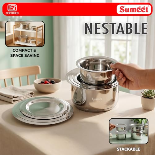 Image of Sumeet ISI Certified Induction Bottom (Encapsulated Bottom) Induction & Gas Stove Friendly Small Container Set /Tope /Cookware Set of 4Pcs with Lid - 350ml, 550ml, 750ml, 950ml - Silver