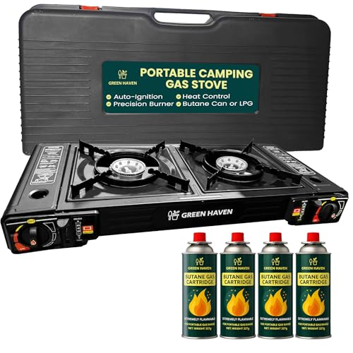 Green Haven Portable Camping Stove - Double Burner Gas Cooker with Auto Ignition - Compact Outdoor Stove with Gas for Camping, BBQ & Outdoor Cooking | EN417 Compliant