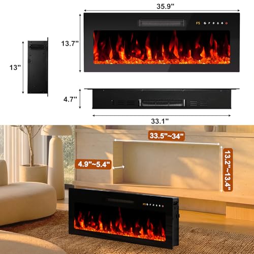 Image of 36 inch Electric Fireplace Insert, Wall Mounted & Recessed Heater, Slim Freestanding Indoor Fireplace with Remote Control, Adjustable Flame Colors & Brightness, Timer, 1400W