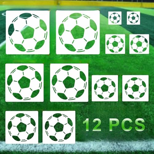 12 Stück Schablonen Textilgestaltung, Wiederverwendbar Fußball Schablone Malen Set, Waschbar Kunststoff Malschablonen Kinder, Airbrush Schablonen für DIY Holz Leinwand Papier Stoff Wanddekorationen