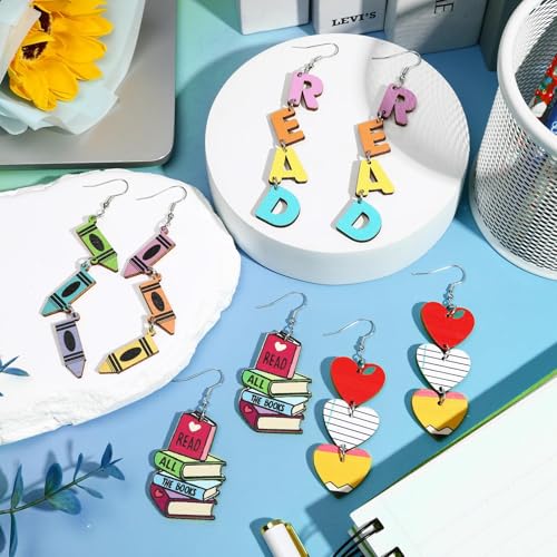 4 Pair Teacher Earrings for Women, Fun Pencil Book Reading Wooden Pendant Earrings Graduation Teacher's Day Gratitude Gift Back to School Jewelry4