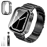 ANYOI 対応 Apple Watch バンド ステンレス製 Series 9/8/7 アップルウォッチ バンド 防水 ケース付き 3D直角エッジデザイン 2 in 1 前後の保護 交換ベルト あっふウォッチバンド 長さ調節器がついています 耐衝撃 通気 男女通用(45mm，ブラック）