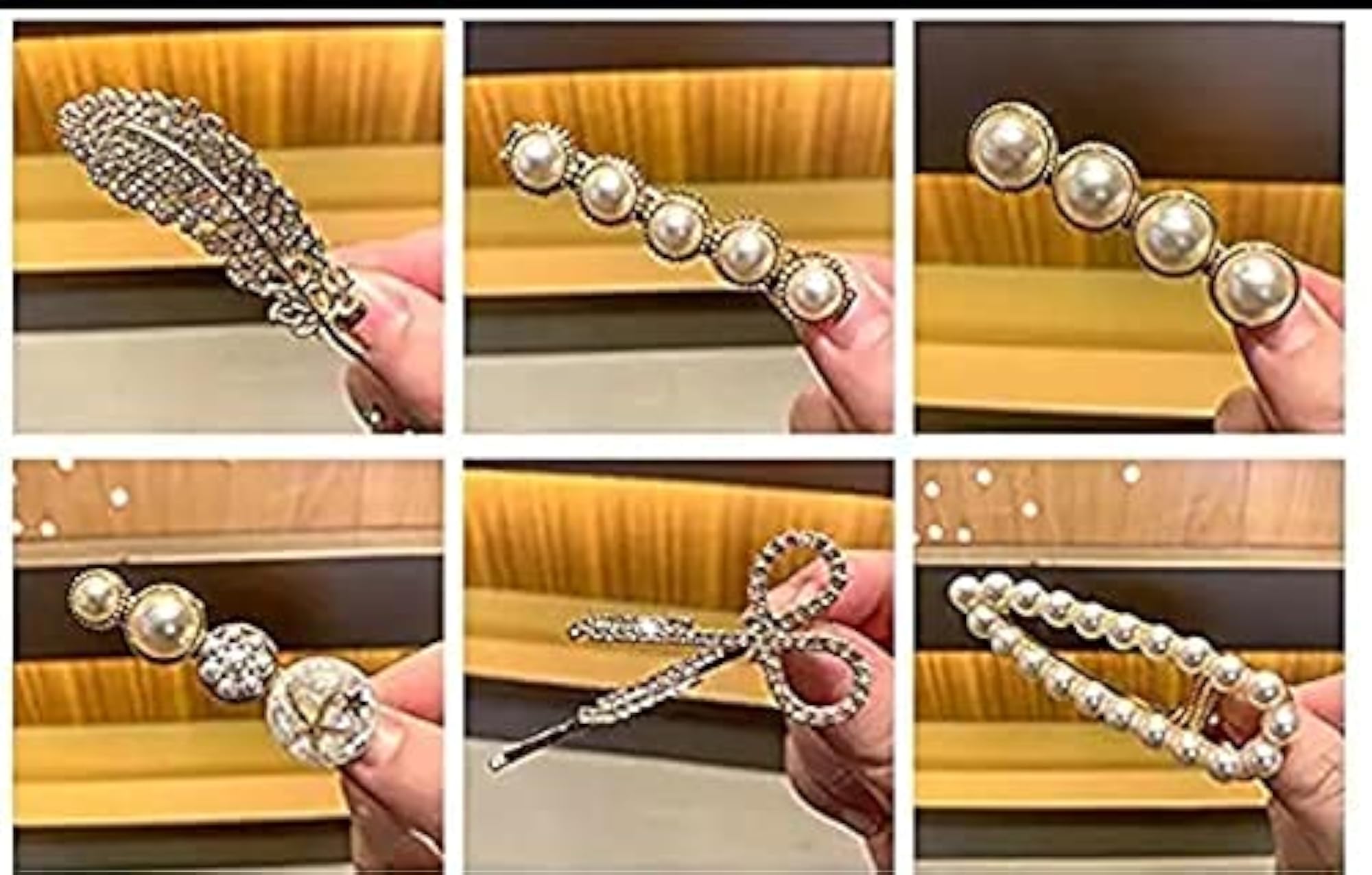 6pc Feather Pearl Hair Clip Set, White Stone