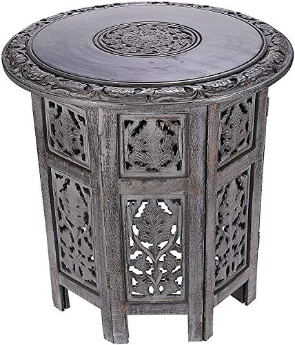 Solid Wood Hand Carved Accent Table, Side Table, entryway Table, Wooden end Table, Bedside Table, Octagonal Wooden Table - 15 Inch Round Top x 15 Inch High - Grey