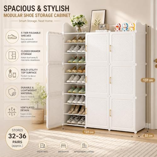 Image of Plastic Shoe Rack for Home with Door | 27-Shelf DIY Shoe Cabinet Organiser | Stores 54 Pairs | Foldable & Waterproof Shoe Stand for Entryway, Bedroom (White, 27-Layer)
