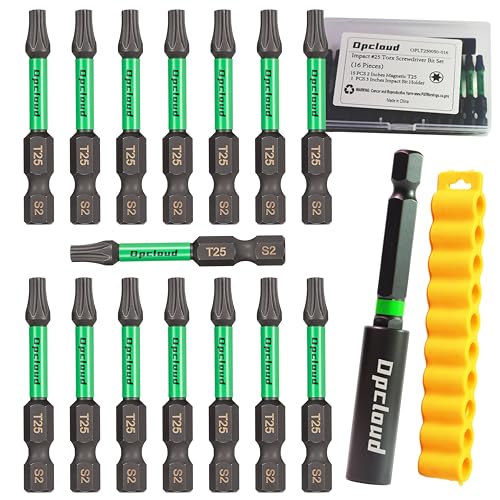 Opcloud T25 Impact Screwdriver Bit Set, 16 Pieces 2”S2 Steel Magnetic Security #25 Torx Tips Driver Power Bit Set with Extension Impact Bit Holder