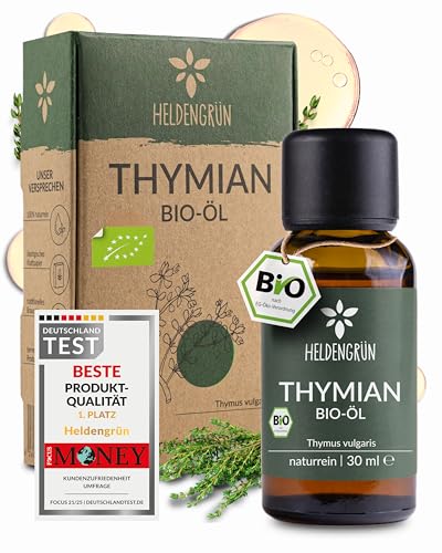 Heldengrün BIO Thymianöl [100% NATURREIN] Zertifiziertes Lebensmittel zum Einnehmen - Thymian Öl aus Griechenland - Ätherische Öle Thymian Tyhme Oil