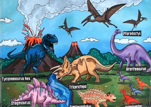 Image of Dining Table Mats Set of 2 - Dinosaur Kids Theme,Digital Print, Washable, Indoor /Outdoor, Heat-Proof, Water Resistant, Wipe & Clean (47X33 cm) Green & Multi