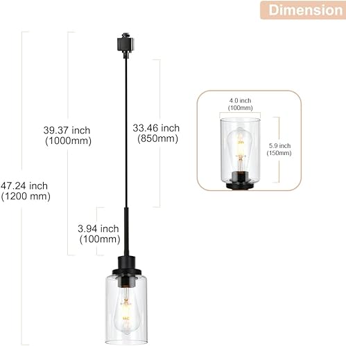 Miniatura 4 de WINSHEN Paquete de 3 colgantes de iluminación de riel tipo H, lámparas colgantes de montaje en techo negro con pantalla de vidrio transparente,