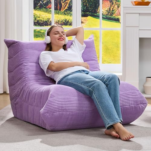 Image of Hobestluk Adults Bean Bag Chair Faux Fur BeanBag Couch for Living Room | Purple Corduroy,Ergonomic Design,Memory Foam,UltraSoft,Anti-slip Bottom,No Assembly Required,Decorative Style for Living Room