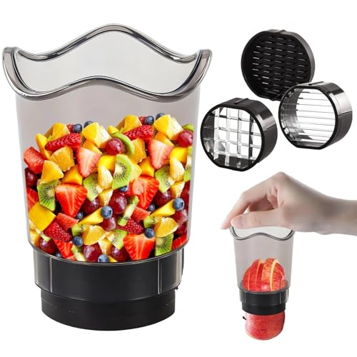 MUNTE Deux en un Trancheuse à Tasse, Coupe-fruits Amovible avec Conteneur, Détachable Trancheuse de Gobelets, Coupe Frites Manuel avec Housse de Protection, aux Fraises, Bananes, Concombres