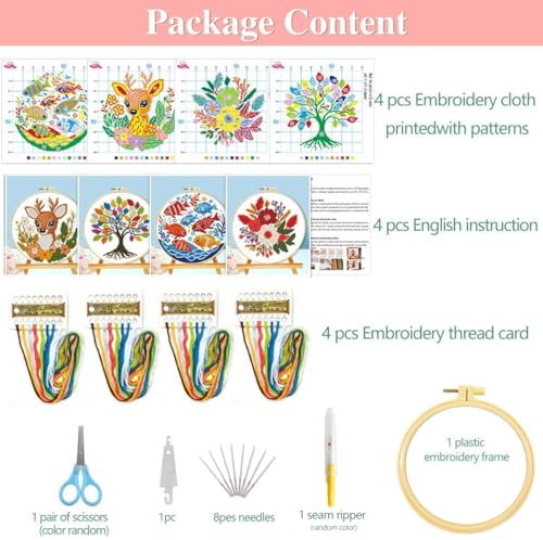 Image of Zhenqing 4 Pack Nature Stamped Cross Stitch Kit for Adults and Beginners, 11CT Printed Fabric Deer Tree Fish Flower Patterns with Hoop, Threads, Needles, Scissors, Threader, Guide