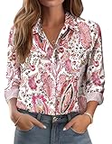 Zeagoo Button Down Shirts for Women Dressy Casual Pink Floral Print Long Sleeve Blouses Spring Work Tops
