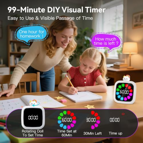 Image of Yunbaoit Digital Visual Timer for Kids, 99-Minute Countdown, Rechargeable | 19 Music Alarm, Pause Function, 9 Optional DIY Color Petal Display, 3 Dolls, for Study, Homeschool, Kitchen