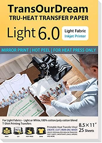 Amazon Com Transourdream Iron On Heat Transfer Paper For Heat Press 25 Sheets 8 5x11 Light 6 0 Iron On Transfers For Light T Shirts Fabrics Printable Heat Transfer Vinyl For Inkjet Printer Trans L6