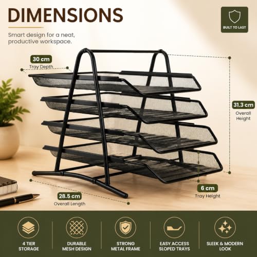 Image of Metal Mesh 4 Tier Document Rack for A4 Files, Desk Organizer