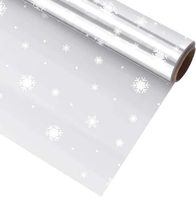 STOBOK Christmas Clear Cellophane Wrap Roll 2.5 Mil Thickness Cellophane Wrap Roll Snowflake Decorated Cellophane Bags for Gifts, Baskets, Arts & Crafts, Treats, Wrapping (3000x40cm)
