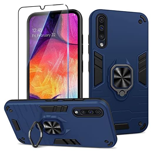 Btstring Coque pour Samsung Galaxy A50 avec Verre Trempé, Etui de Protection Antichoc de Qualité Militaire, Housse avec Anneau Support Métallique, Support de Voiture Compatible, Bleu