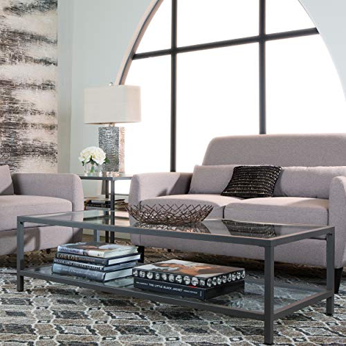 Studio Designs Home Camber Modern Rectangular Glass Coffee Table In Gray Pewter With Clear Glass, Living Room Coffee Table, 55", #TOP7
