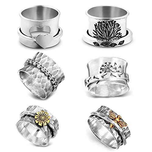 Dandelion Spinner Ring, Heart Fidget Ring, Daisy Anxiety Ring for Women, Silver Tree of Life Band Rings, Bee Spinning Ring, Skull Meditation Ring (Silver 6Pcs, 8)