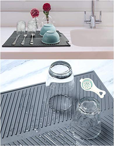 KeepingcooX Non-slip Silicone Dish Drying Mat. 17 x 13 Inches 0.71 lb - Dish and Glassware Sloped Board Silicone Tray in Grey - Dishwasher, Heat Resistant Trivet (Large), Plus Silicone Basting Brush