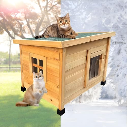 猫 ハウス キャットハウス ペットハウス 天然木 杉 犬舎 猫舎 小型犬用 透明窓 ドアカーテン付き 猫小屋 屋外 室内 野良猫ハウス オールシーズン 冬防風防寒 雨よけ 防雨 避難所 通気性 木製ゲージ おしゃれ 簡単な組み立て