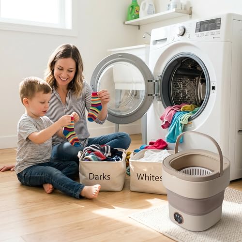Image of Portable Washing Machine 20L Mini Foldable Washer with Spin Basket, 3 Modes for Travel & Small Spaces (Beige)