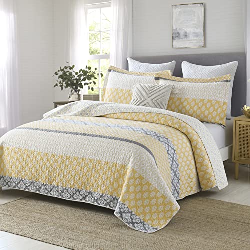 Kaloola 100% Cotton King Quilt, Reversible Floral King Quilt Set, Yellow Grey Striped King Quilt Bedding Set, Farmhouse Lightweight King Bedspread For All Seasons, 3 Pieces #TOP5