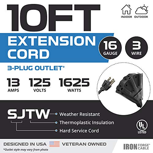 Iron Forge Cable 10 Ft Black Extension Cord With 3 Outlet, 16/3 Weatherproof 10’ Outdoor Extension Cord Multiple Outlet, 10 Foot 3 Prong Cable For Landscaping, Lawn Mower & Major Electric Appliances #TOP16