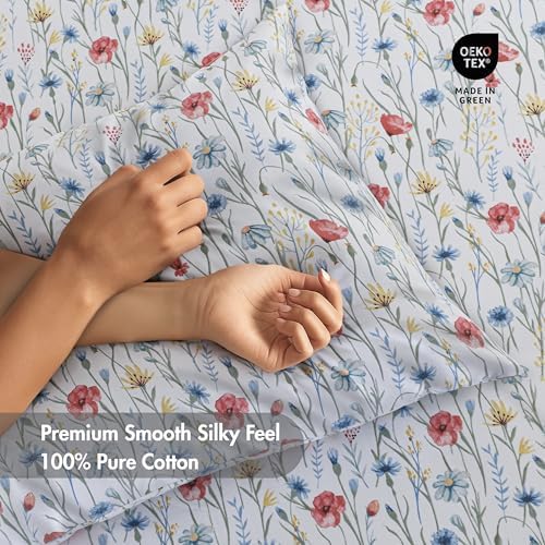 RUVANTI 100% Cotton Sheets Queen Size Bed Set - 300 Thread Count Silky Soft Sateen Weave, Cooling, Lightweight & Breathable, 16" Deep Pocket, Durable & Luxury Satin-Like, 4 Piece, Floral Imprint - Thumbnail 4