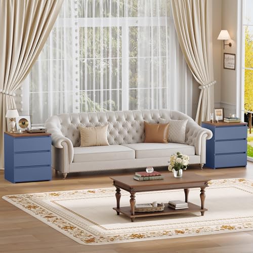 Image of FOTOSOK Nightstand with 3 Drawers, Bedside Table Night Stand for Bedroom with Cut-Out Handle, Sofa Side Table 3 Drawer Nightstand for Bedroom, 17.7W*15D*21.7H, Blue