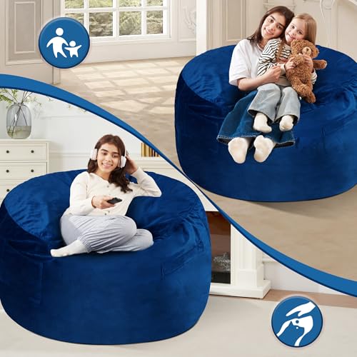 Homguava 4 FT Bean Bag Chair: 4' Bean Bags with Memory Foam Filled, Large Beanbag Chairs Soft Sofa with Dutch Velvet Cover-Blue - Image 4