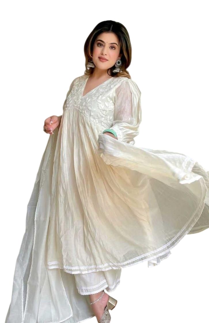Chanderi Silk Embroidered Anarkali Kurti with Pant and Dupatta-image-14