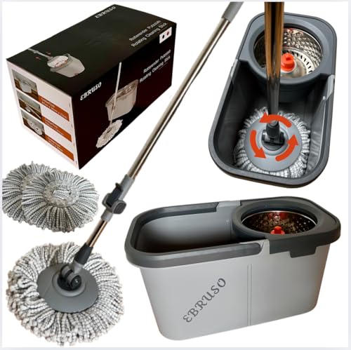 EBRUSO Putzeimer Set – Putzset mit höhenverstellbarem, rotierendem Edelstahl-Stiel (bis 149 cm), 30L Putzeimer & 2 Putzlappen (Ø 30 cm Mop) – Wischmopp Set für Laminat, Fliesen & Parkett (Grau)