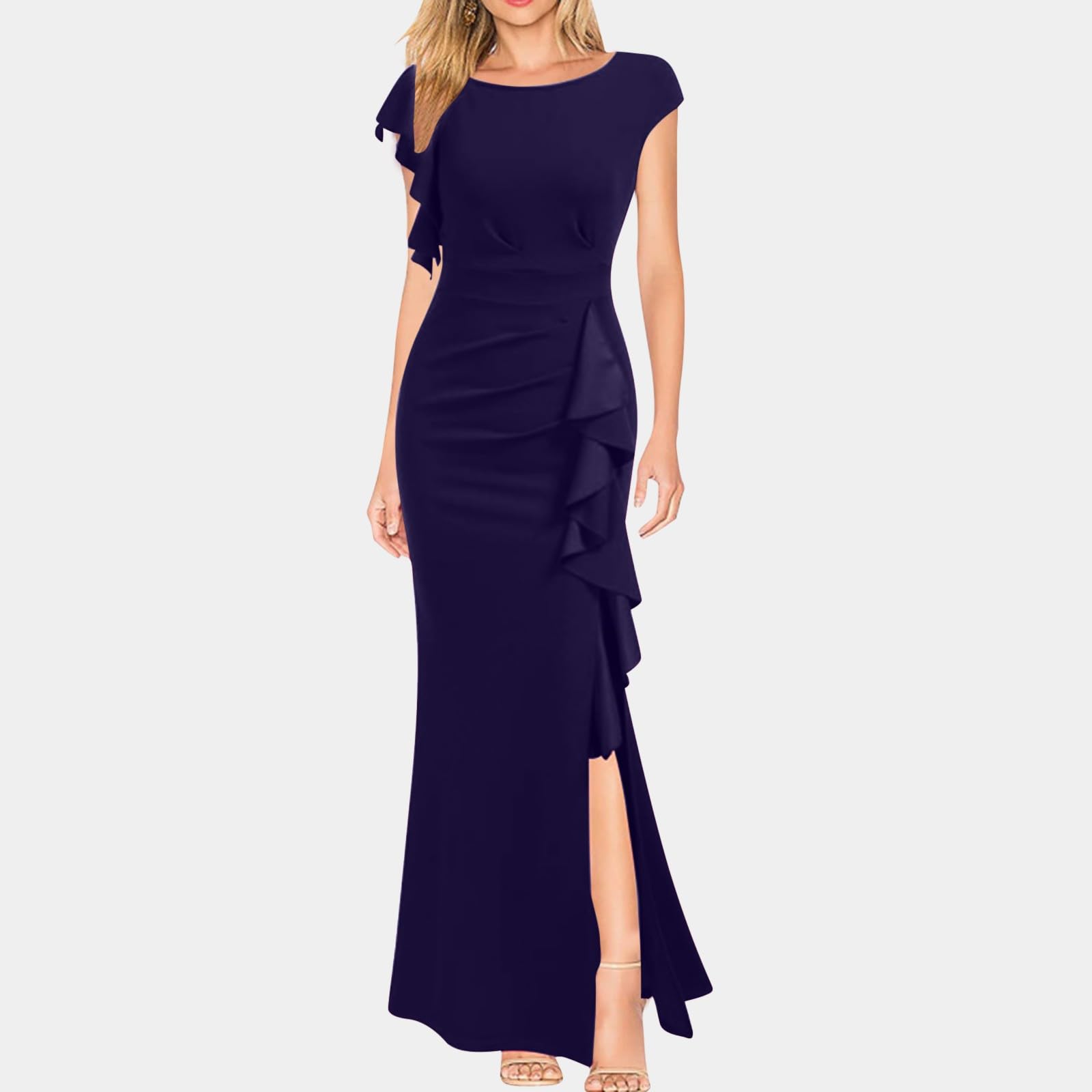 Cocktailkleid Damen Rundhals Meerjungfrau Midikleid Elegant